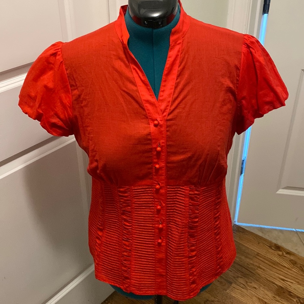 EUC INC Red blouse, beautiful detail, ball buttons, pleated bottom, size 12
